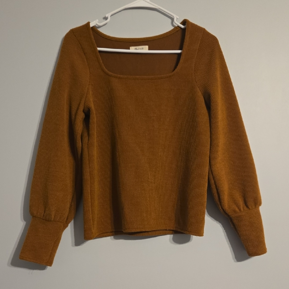 Madewell Mustard / Amber Square Neck Puff Sleeve Ribbed Sweater, Size Medium - Picture 1 of 6